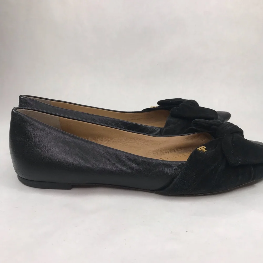 Tory Burch Women's Size 10 Eleanor Flat Black Leather Bow Pointed Toe Shoes